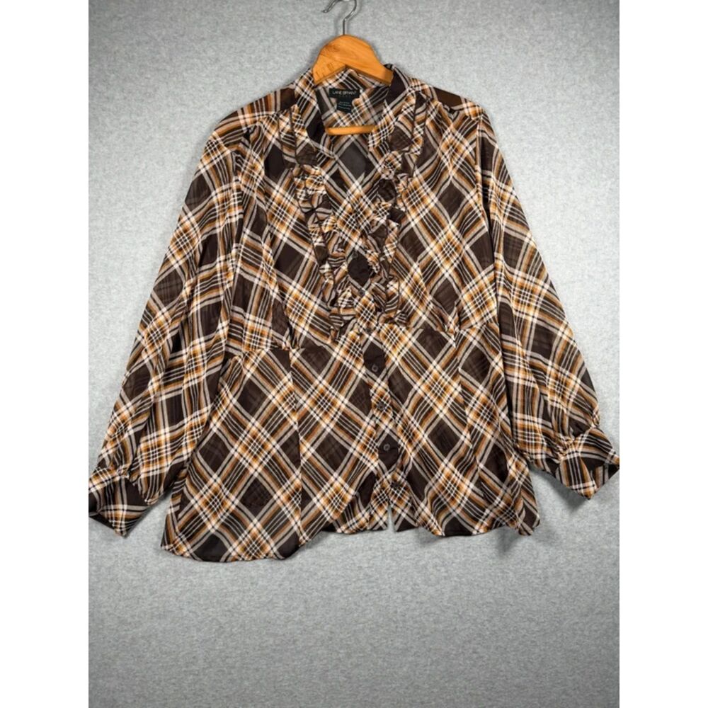 Lane Bryant Brown Plaid Ruffle Button Front Blouse Plus Size 22/24W 3863